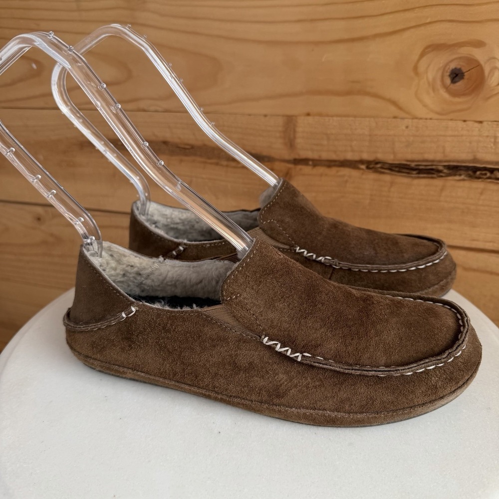 OluKai Nohea Nubuck Leather Slip-On Loafers 7/37 Comfort Boho Granola Sherpa